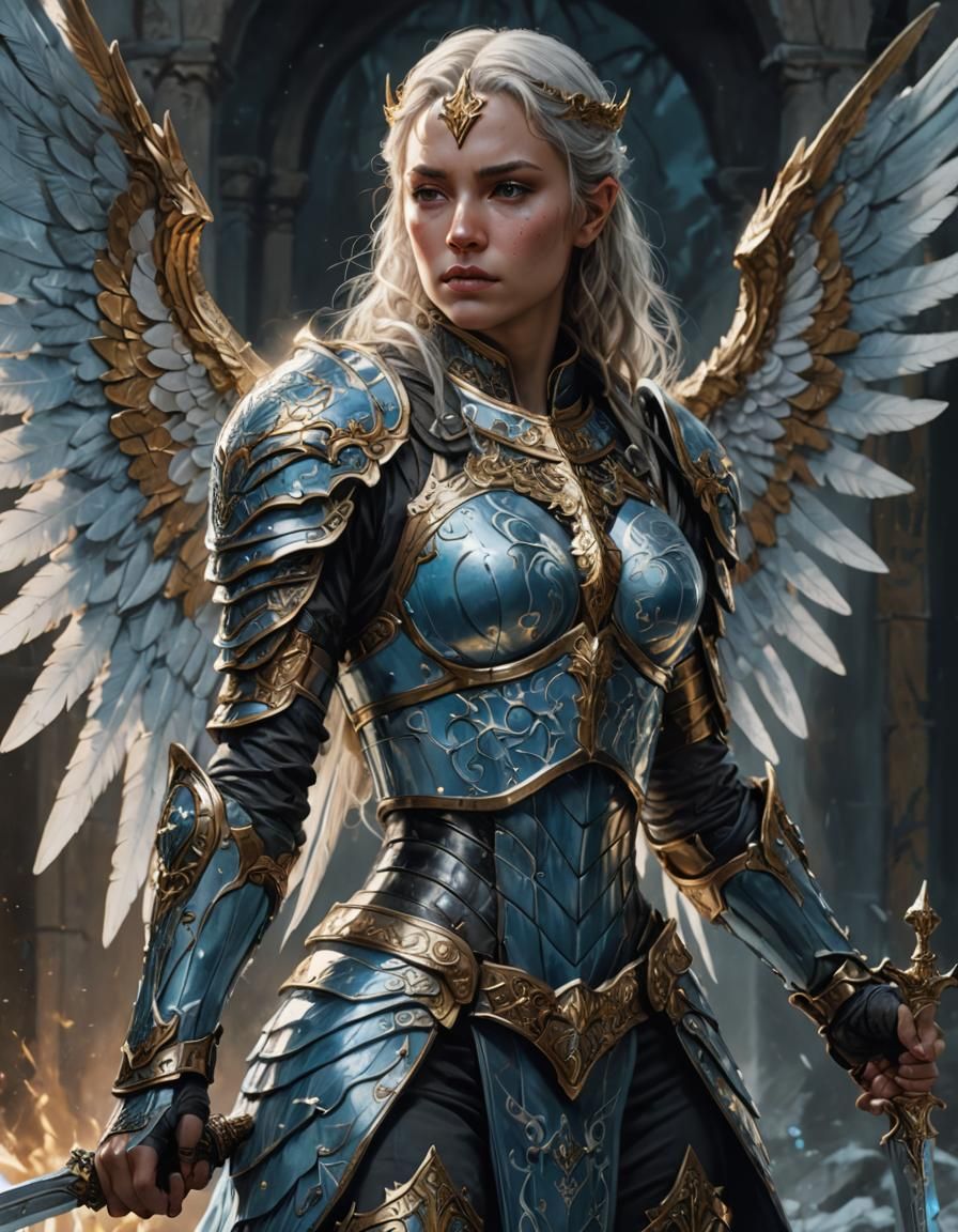 Winged Warrior in Armor with Runes, Digital Art