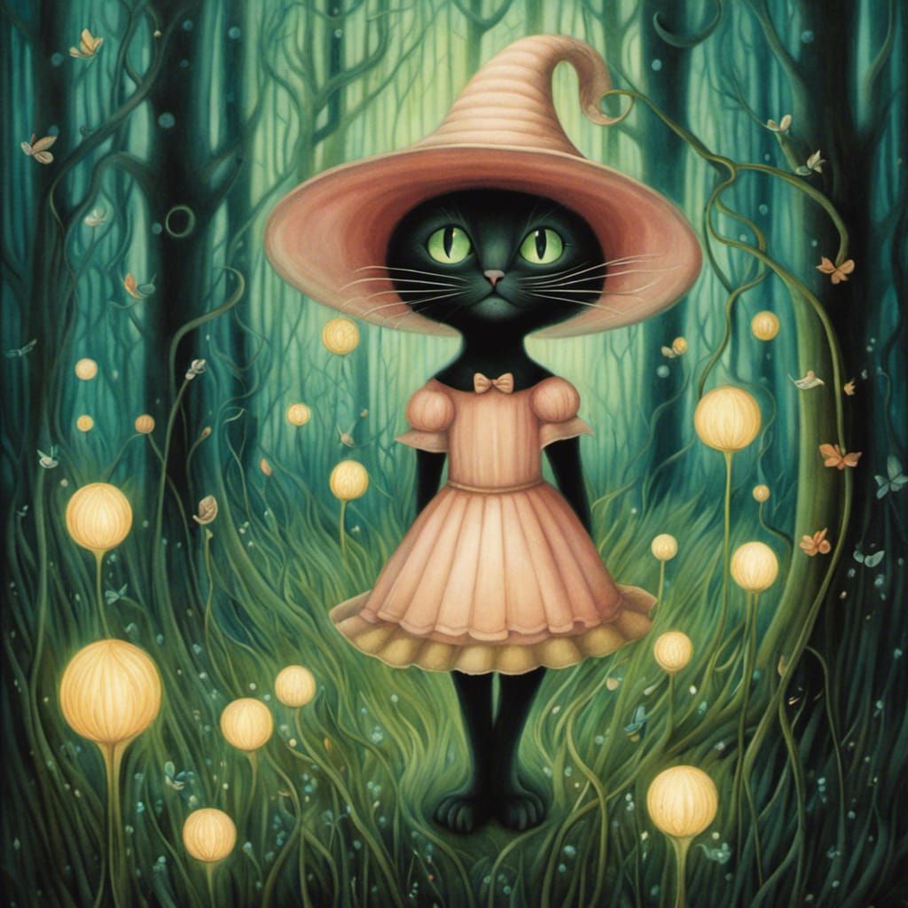 Black Cat in Magical Forest Illustration