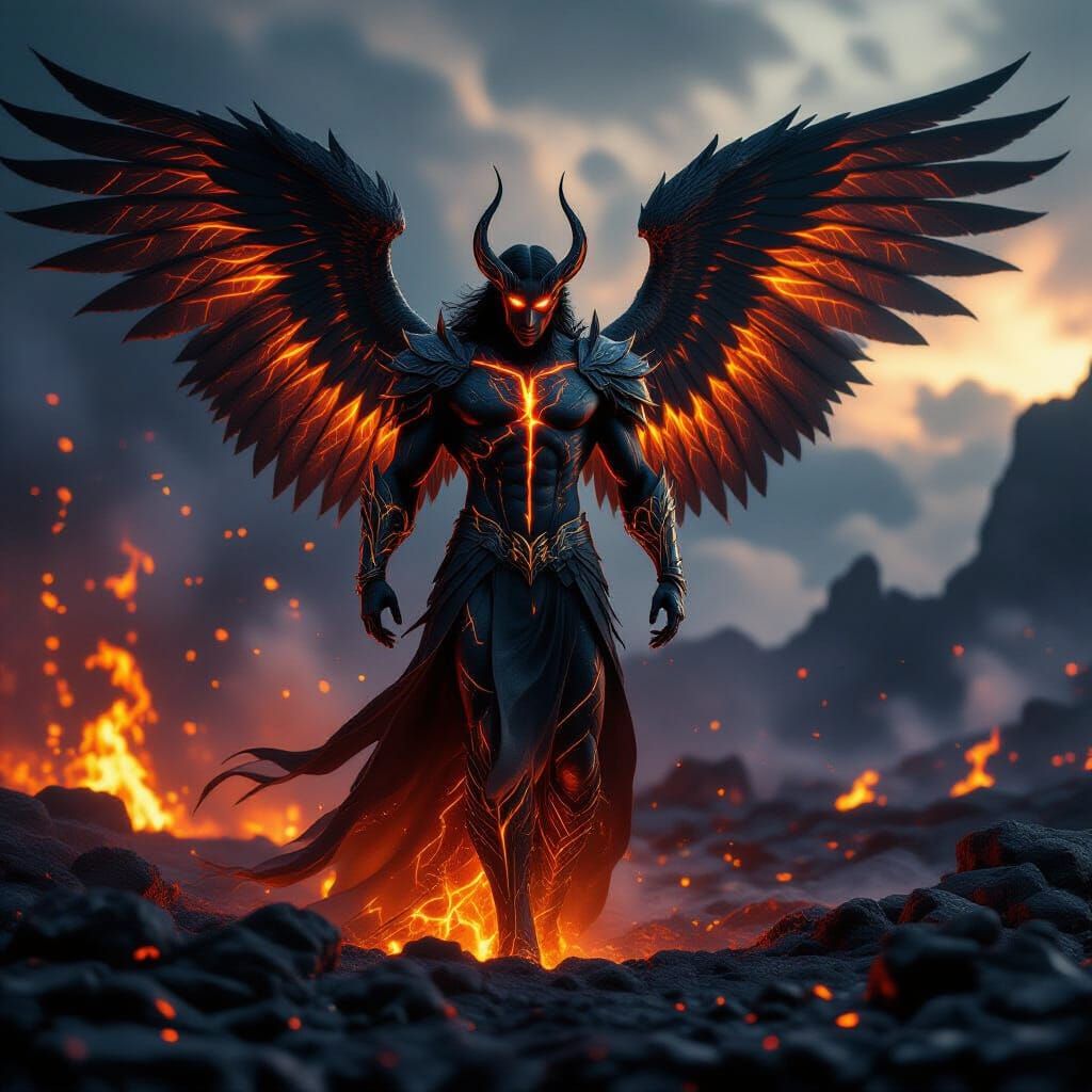 Dark Angel Rising from Lava with Stone Wings