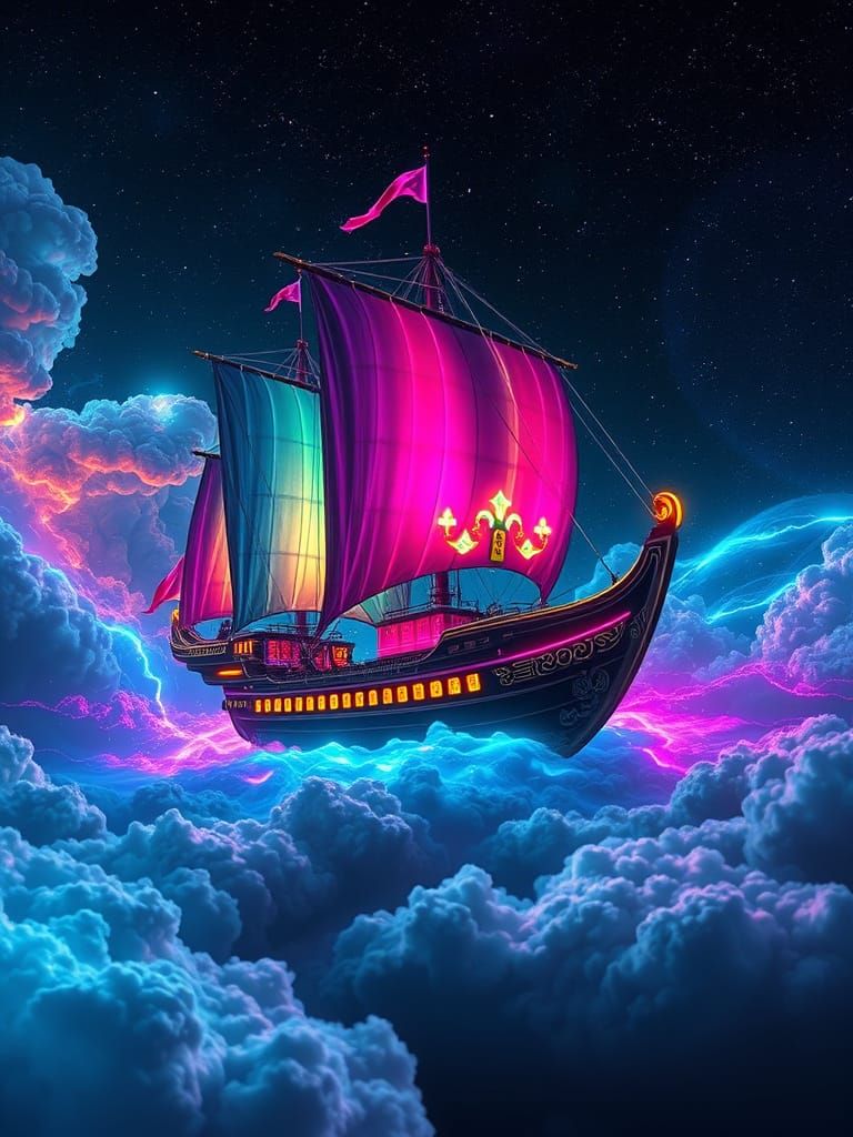 Futuristic Chinese Treasure Ship Sails Cosmic Seas