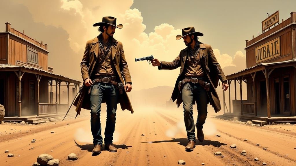 Dynamic Western Showdown in the Style of Classic Action Art