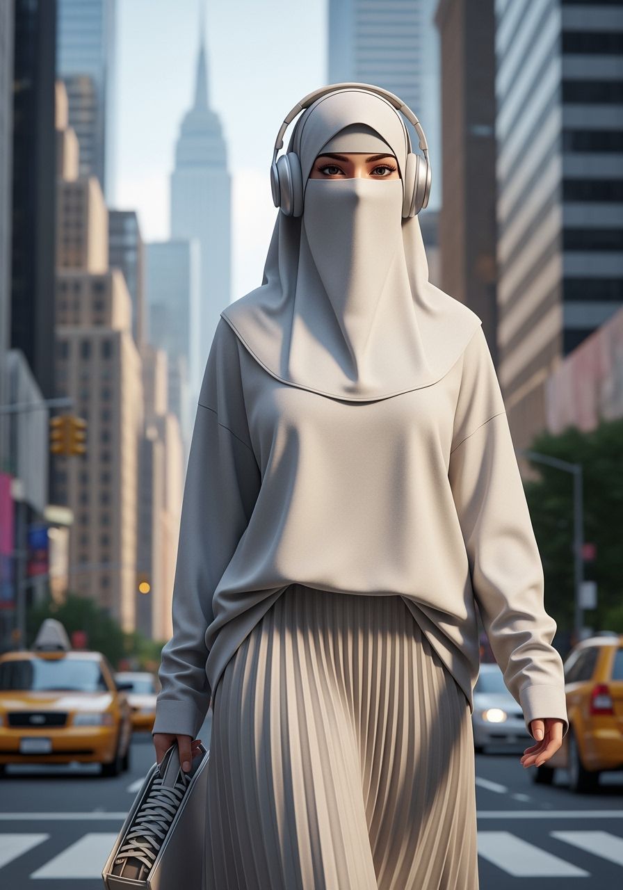 Niqabi Woman Walking in City Street, Artstation Style
