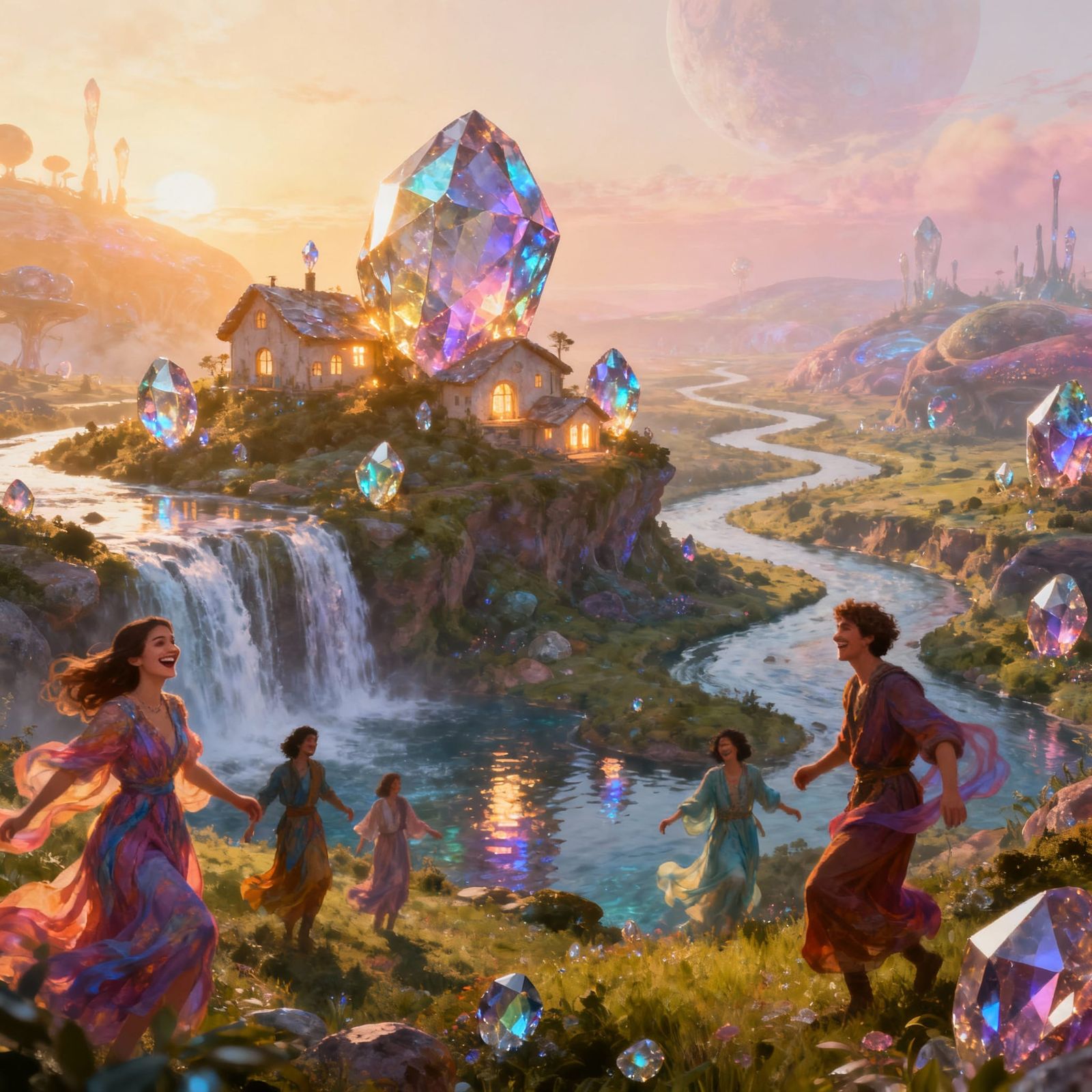Gemstone Houses Sparkle on Alien Planet with Waterfalls