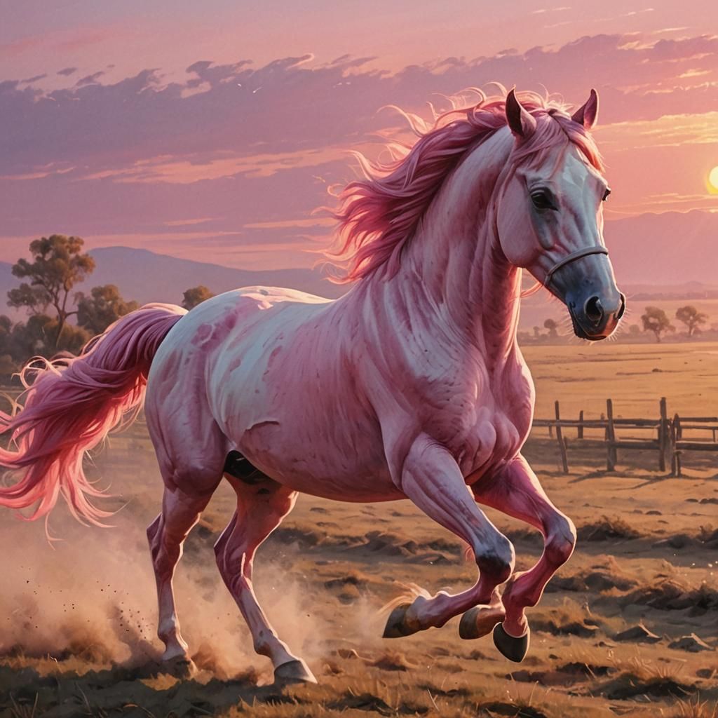 Pink Horse Running in Sunset