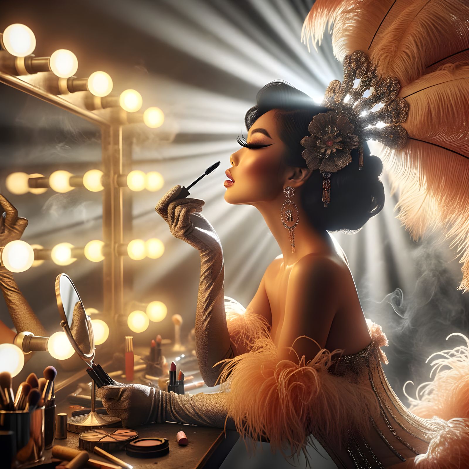 Cabaret Dancer Applying Mascara in Nostalgic Oil Painting