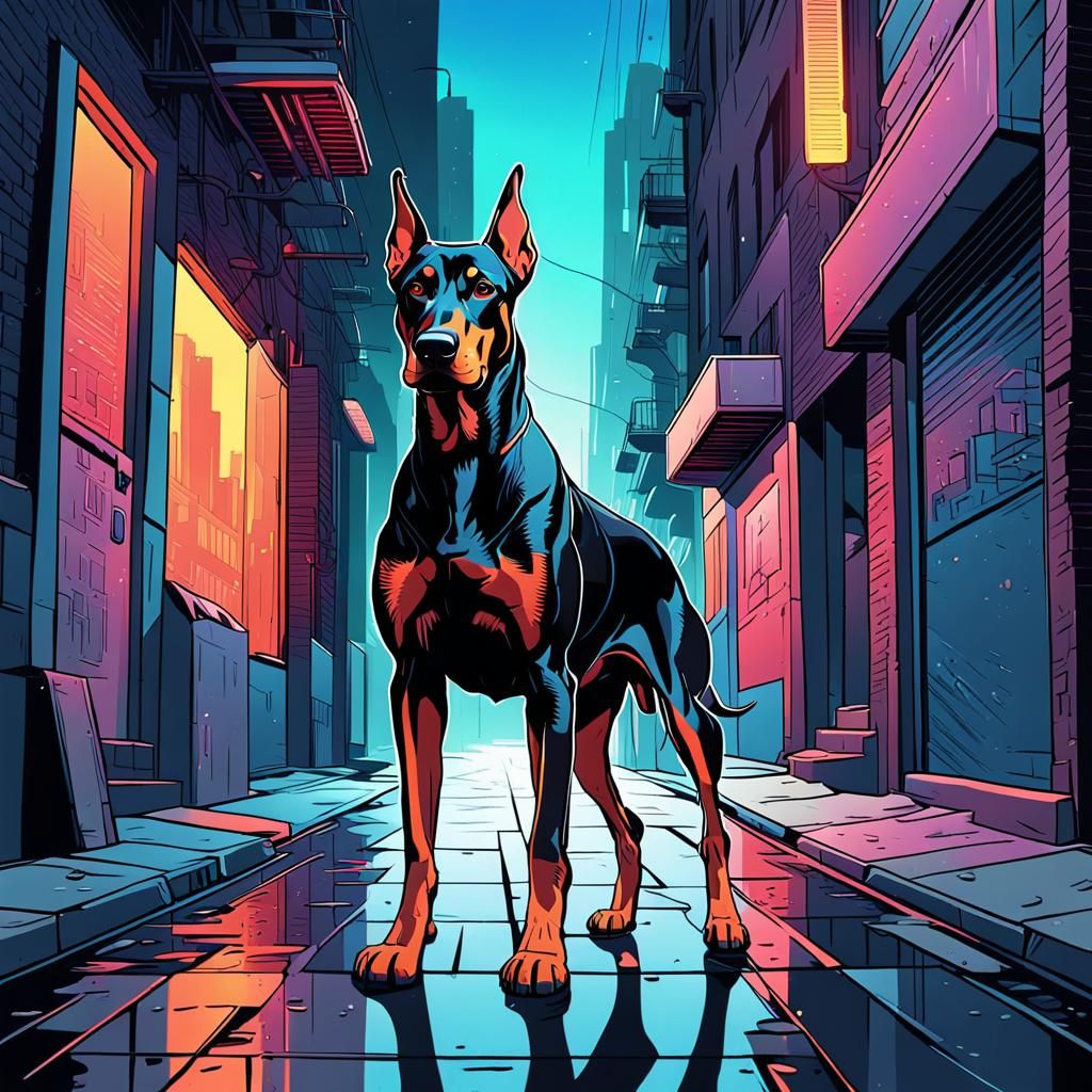 Doberman in City Alleyway: Vector Illustration