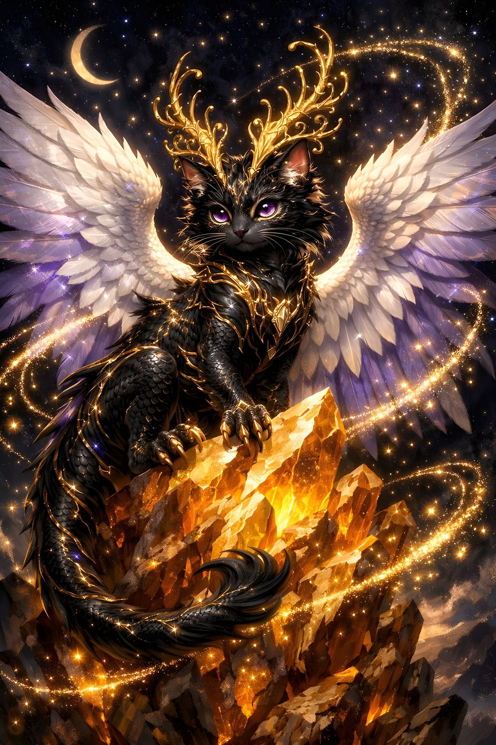 Majestic Dragon-Cat Hybrid with Pearly Wings on Crystal