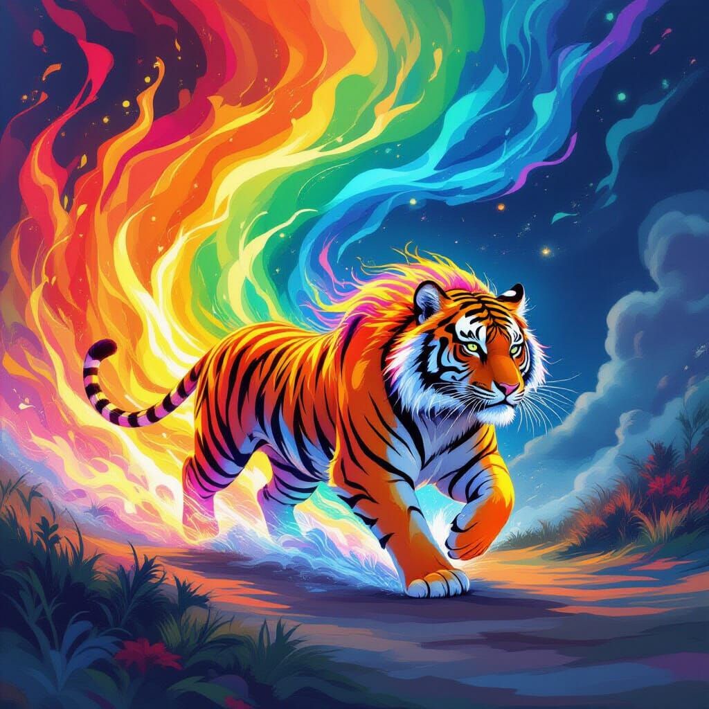 Rainbow Flame Tiger in Fantastical Landscape