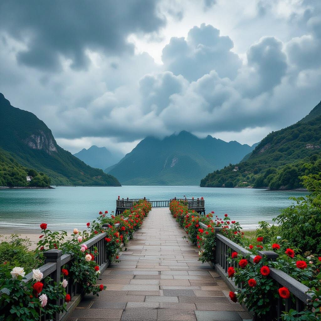 Cinematic Seashore with Mountain Bridge and Roses