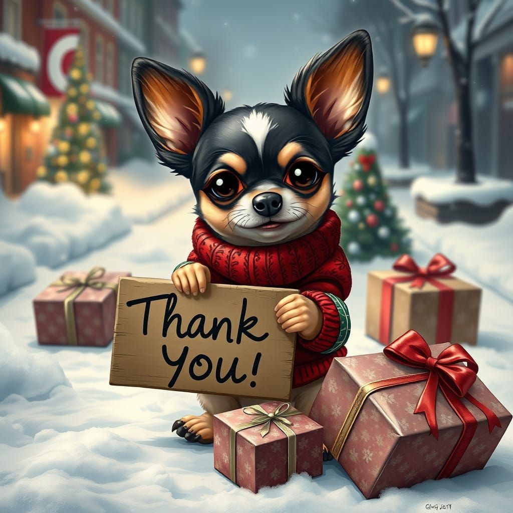 Cute Chihuahua in Christmas Sweaters Holding a Heartfelt Sig...