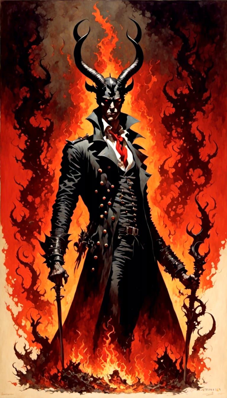 Silhouetted Satan Figure with Horns in Retro Style