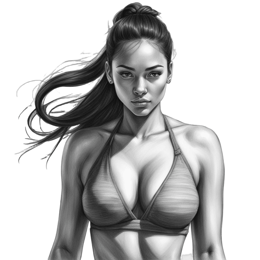 Girl in Swimsuit on Beach: Detailed Pencil Sketch