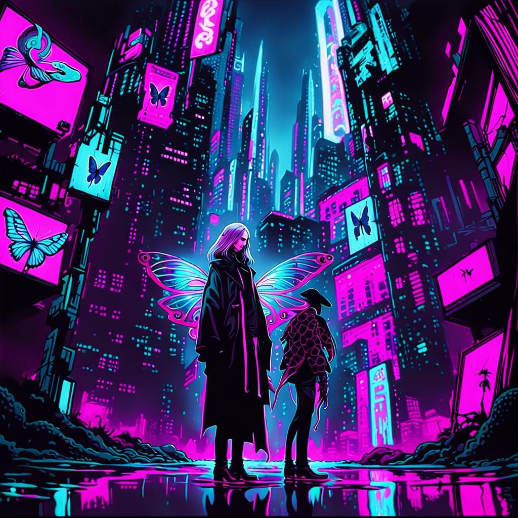 Cyberpunk Snake Gazing at Butterfly in Neon City