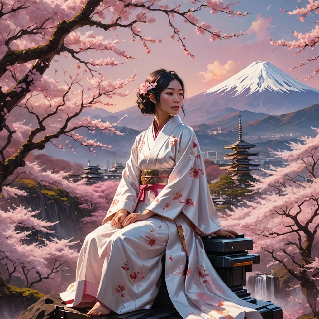 Japanese Girl on Robot Shoulder in Oil Painting Style
