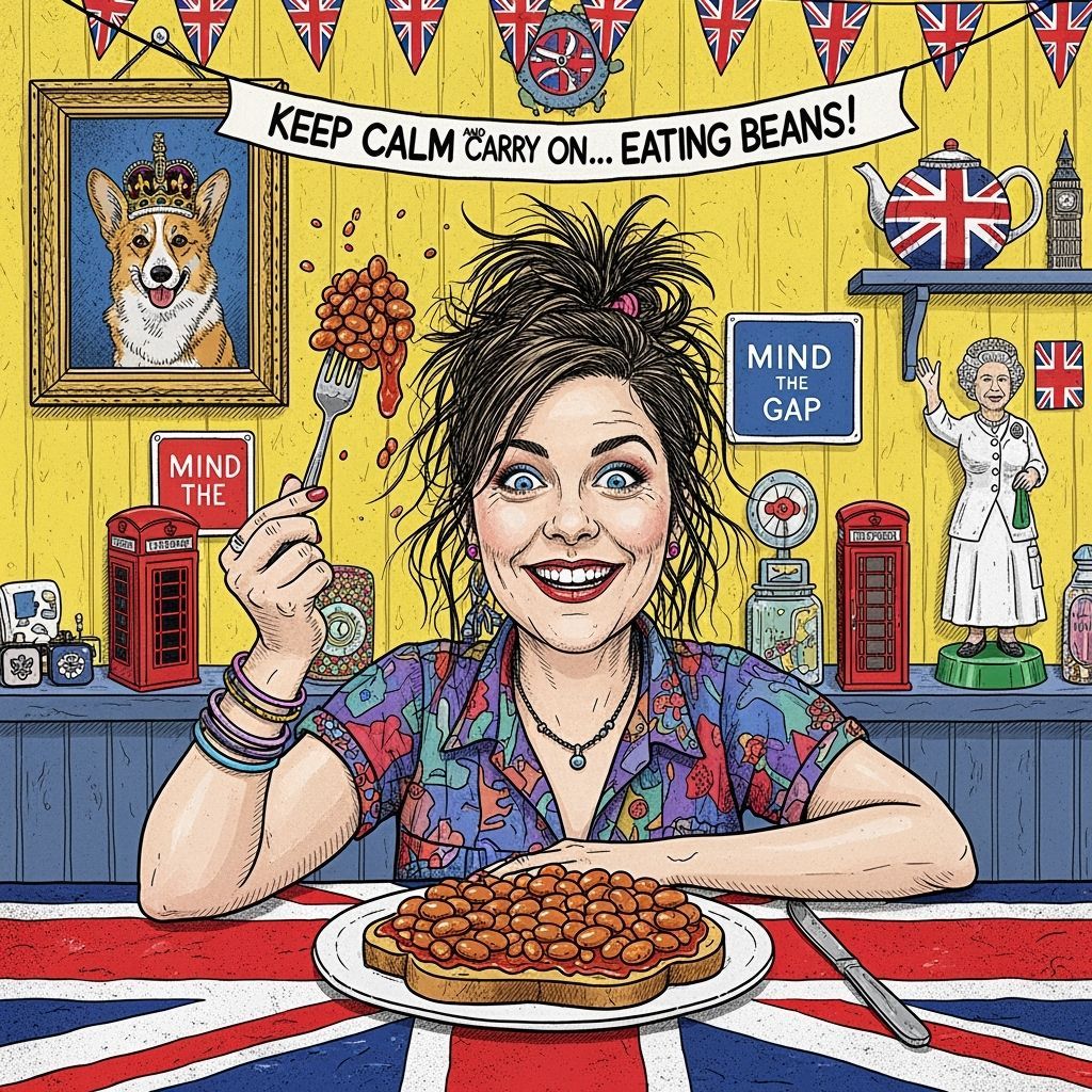 British Woman with Giant Beans on Toast, Whimsical Art