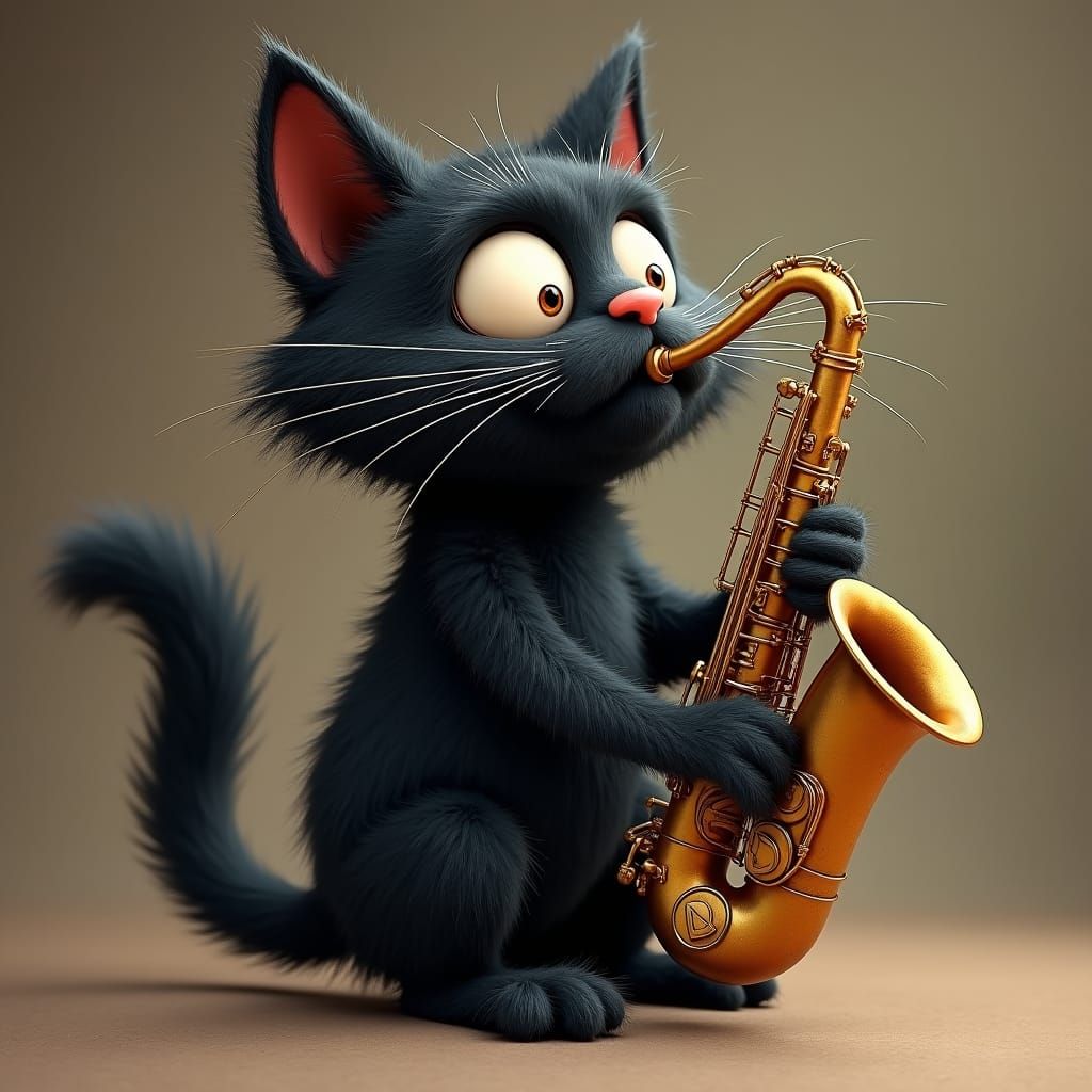 Wacky Black Cat Plays Saxophone in Detailed Caricature
