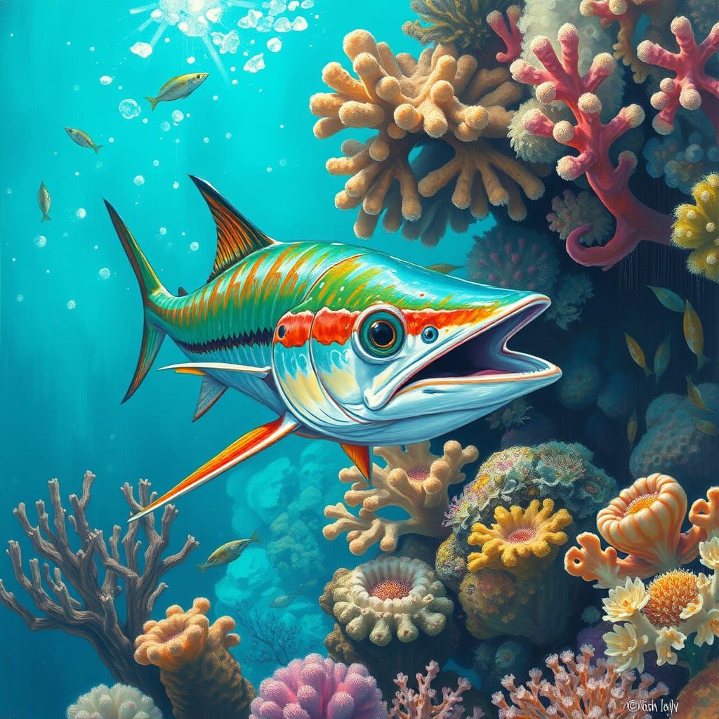Barracuda in Coral Reef: A Surrealist Vision