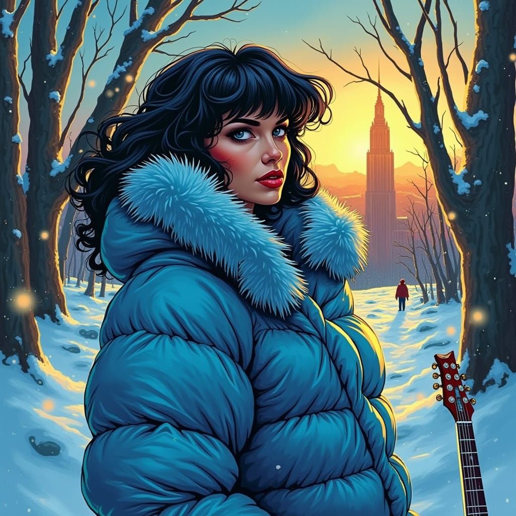 Electric Guitarist in Psychedelic Snowstorm: Vibrant Pop Art...