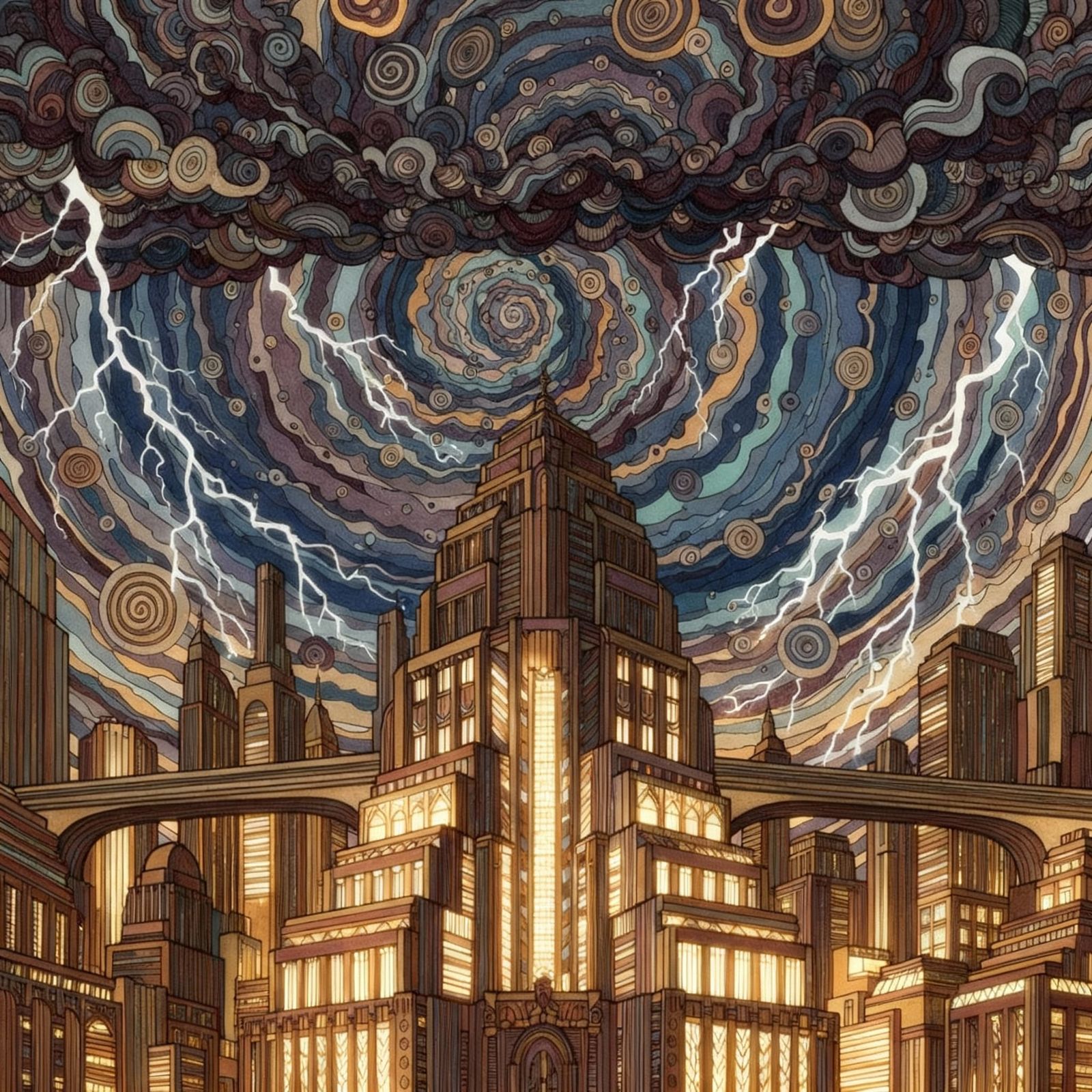 Art Deco City Under Stormy Abstract Sky