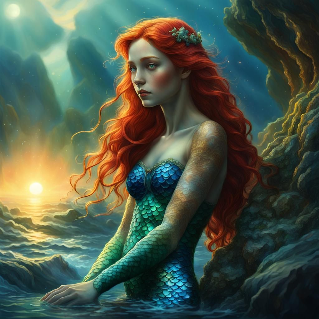 Red-Haired Mermaid Gazing at Stone: Digital Matte Painting