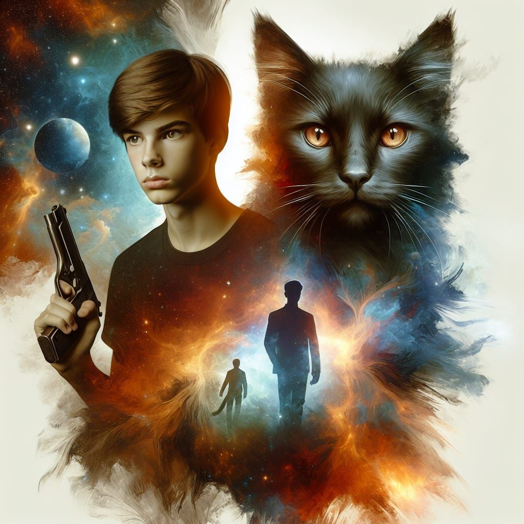 Boy and Cat Heroes in Double Exposure Illustration