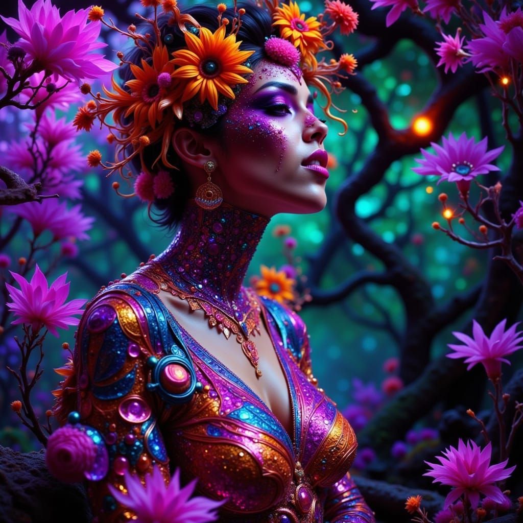 Surreal Beauty: Woman in Neon Dreamscape