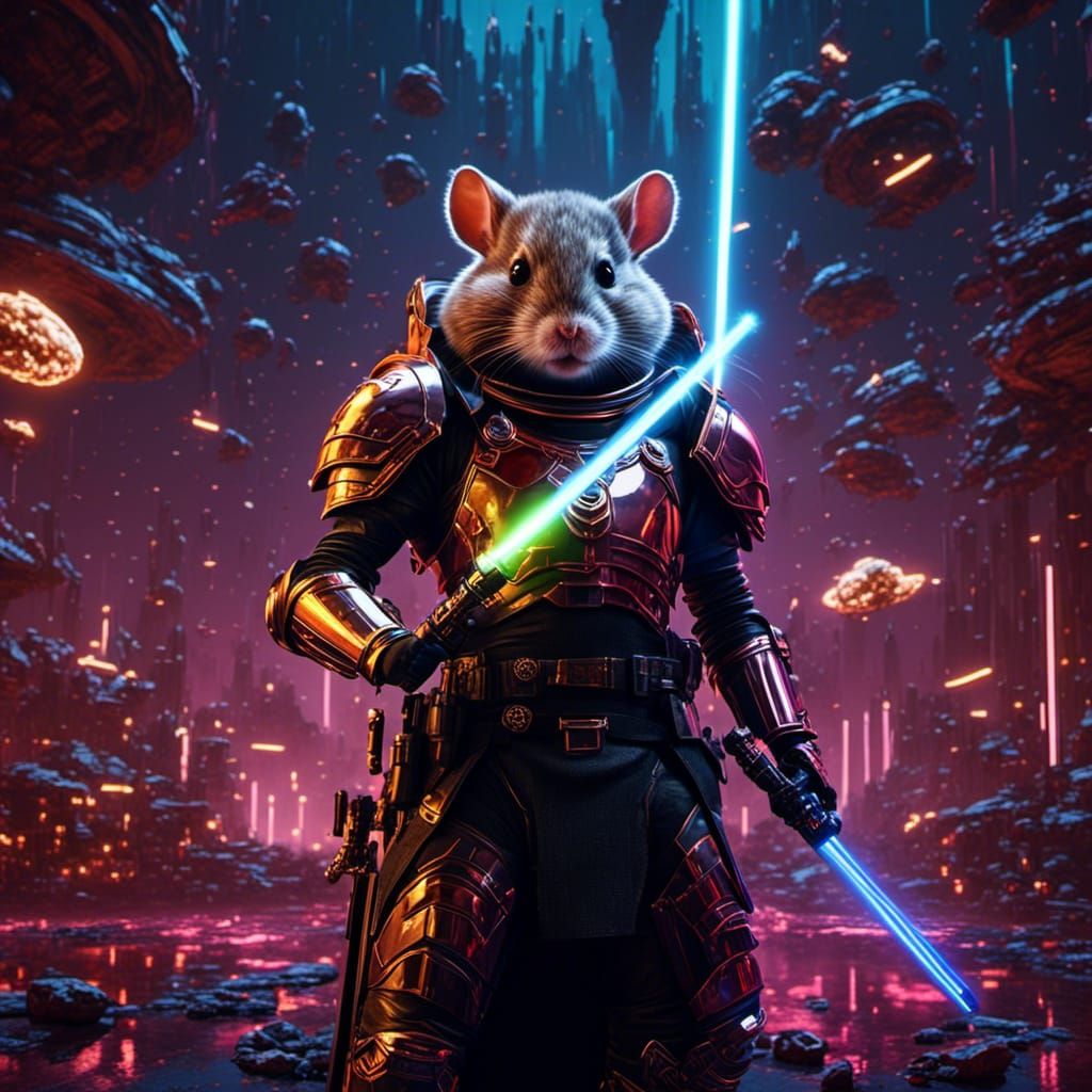 Knight and Hamster Wielding Lightsaber in Sci-Fi Battle