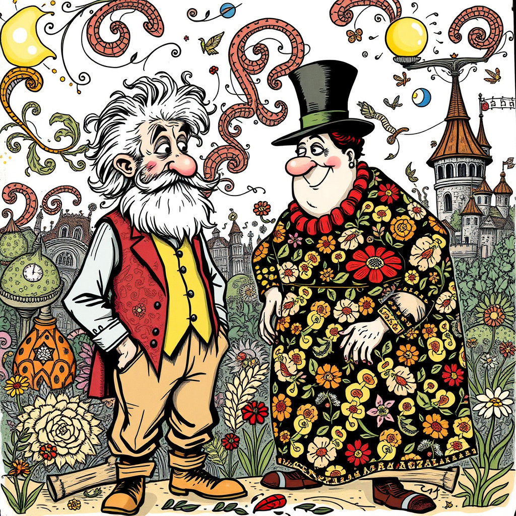 Whimsical Doodle of Eccentric Man in Dream Landscape