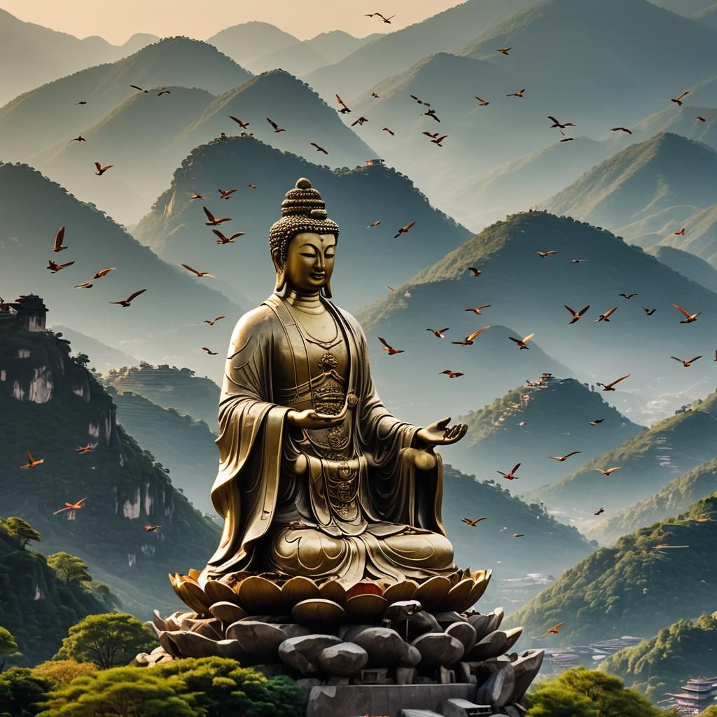 Majestic Quan Yin Buddha Statue Panoramic Landscape
