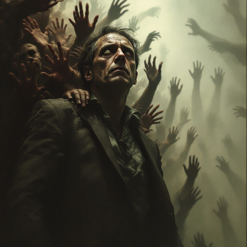 Distressed Man Entrapped by Hands in Grotesque Realism