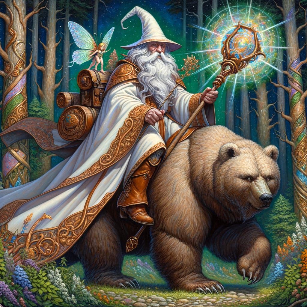 Wizard on Bearback in Enchanted Forest, Acrylic Painting