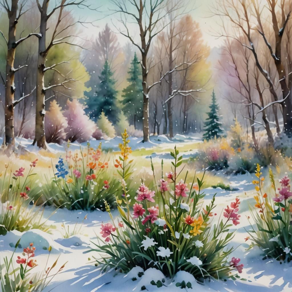 Winter Meadow: Watercolor Painting of Snow and Flowers