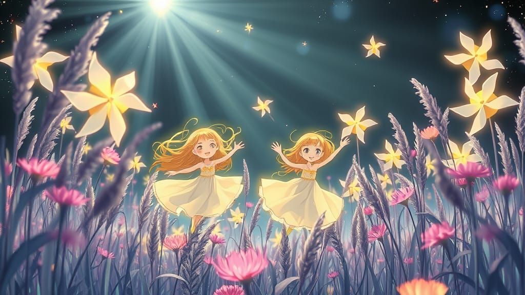 Bioluminescent Girls in a Neon Lit Anime Landscape