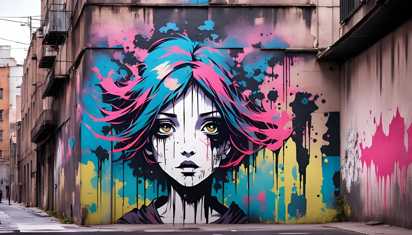 Haunted Anime Girl in Dystopian Cityscape