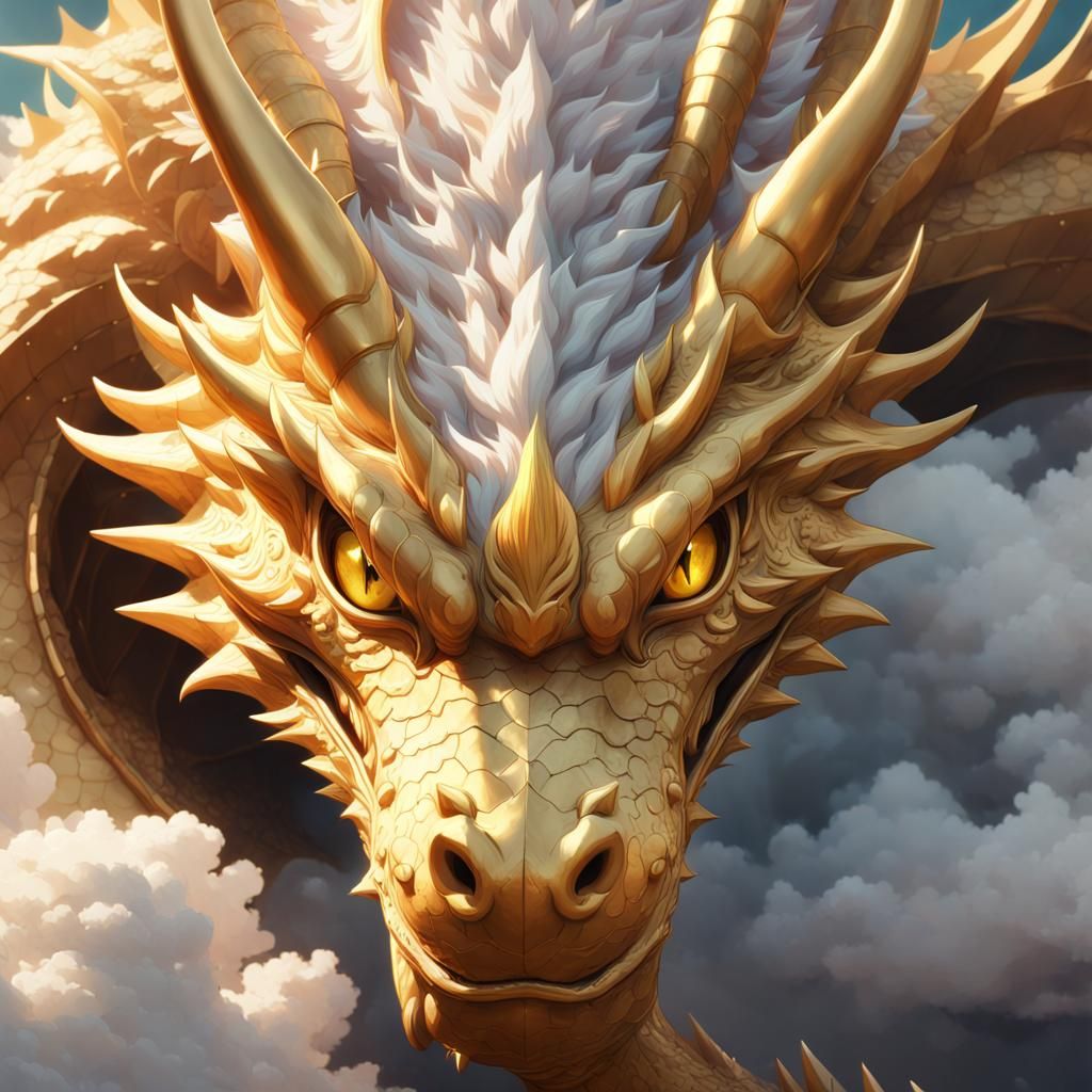 Golden Dragon Peering from Clouds: 3D Anime Art
