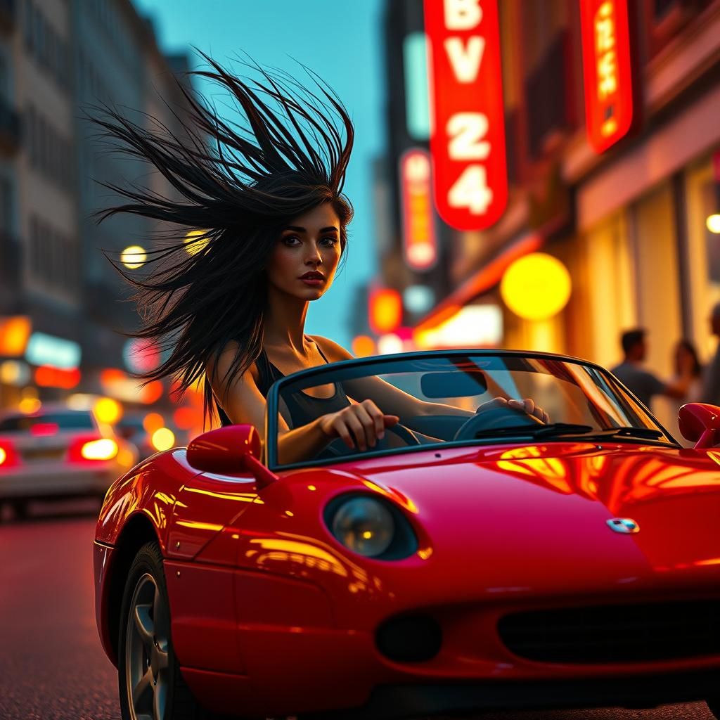 Woman Driving a Red Sports Car at Night