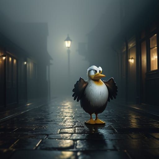 Surreal Donald Duck Portrait in Moody, Golden Light