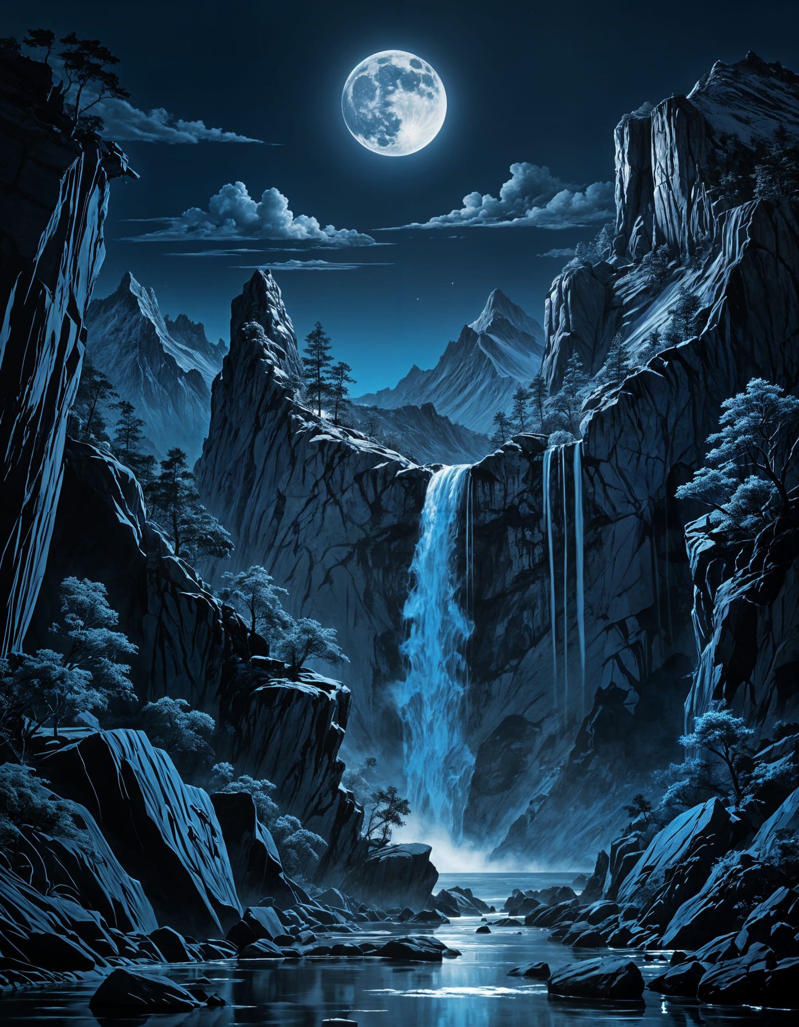 Monochromatic Blue Moonrise Over Mountain Waterfall