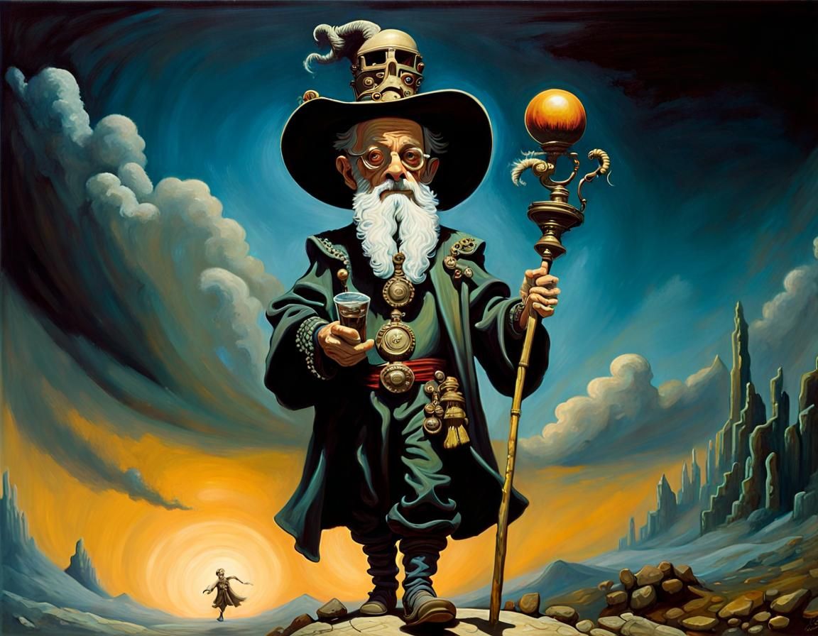 Terry Pratchett Bobblehead on Discworld: Surreal Oil Paintin...