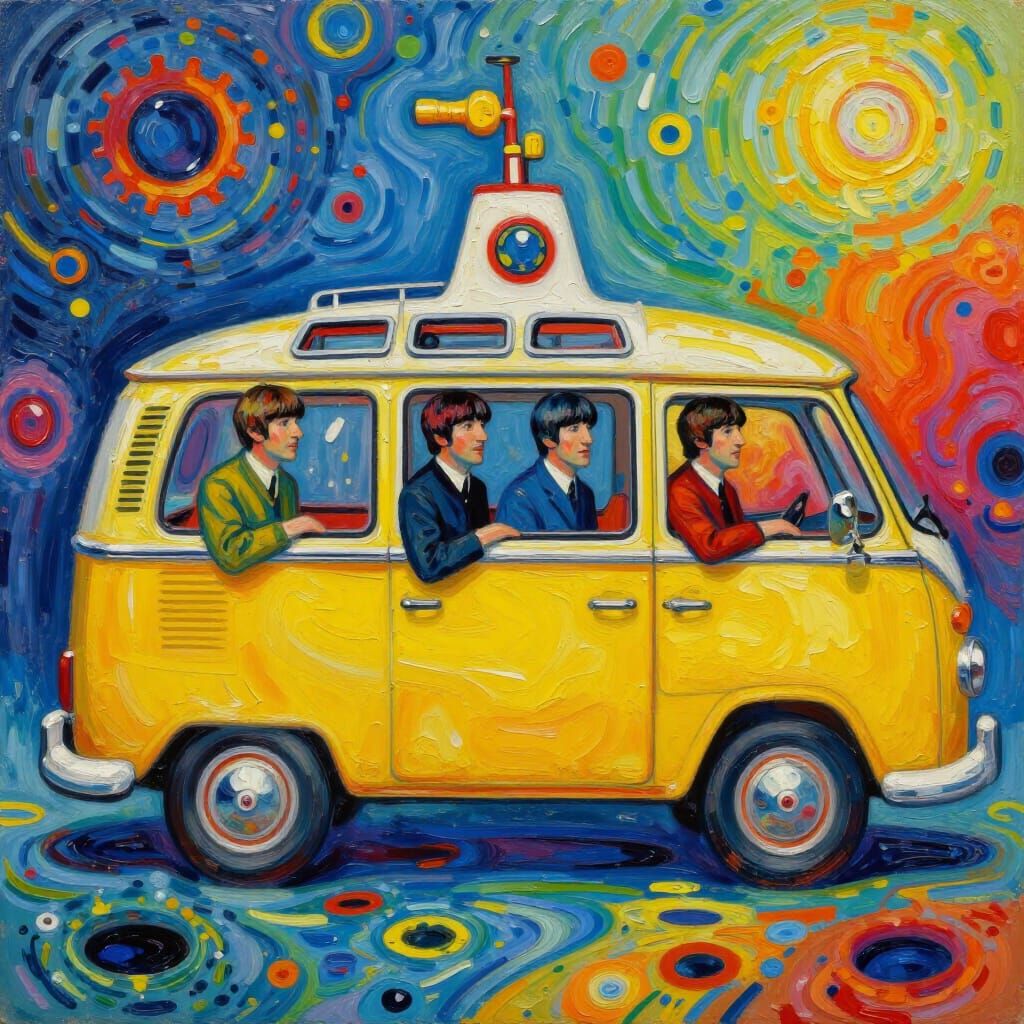 Beatles in a Psychedelic Yellow Submarine Car