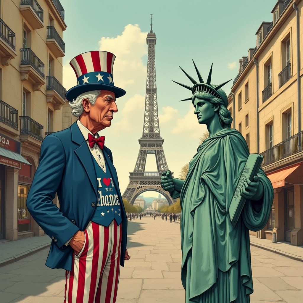 Uncle Sam Lectures the Statue of Liberty in Parisian Streets