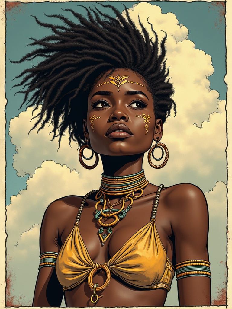African Tribal Goddess in Moebius-Inspired Comic Book Art