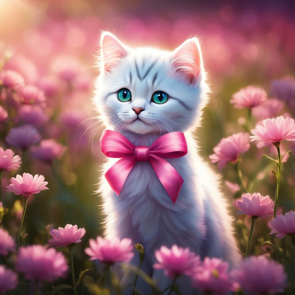 Adorable Kitten with Pink Ribbon in Floral Meadow