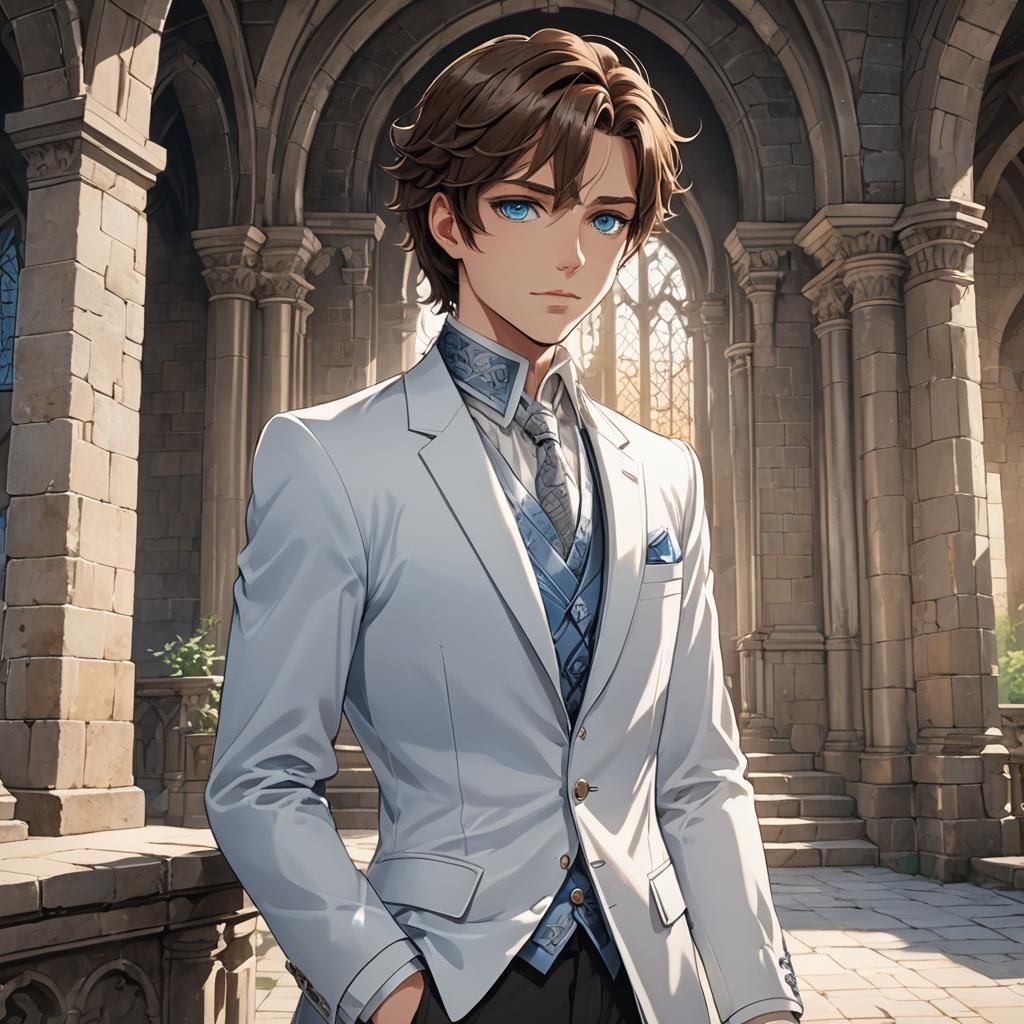 Anime Young Prince in Silver Formalwear