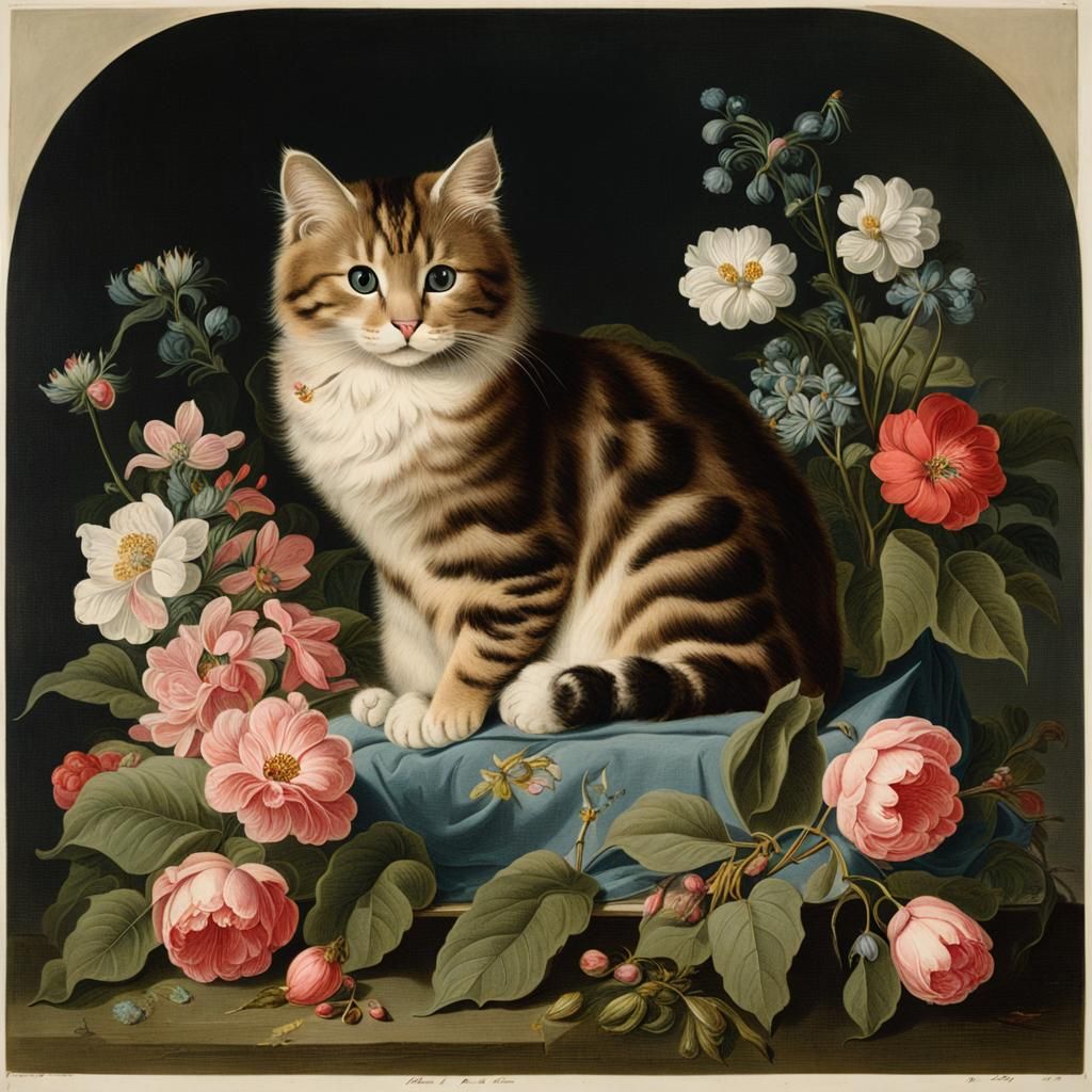 Cat Surrounded by Flowers in Engraving Style
