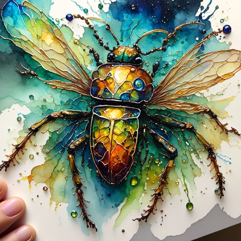 <lora:Little Whimsy:1.0> <lora:PR Alcohol WC Glass:1.0> Alcohol ink of a gigantic lightning bug whose light guides a car...