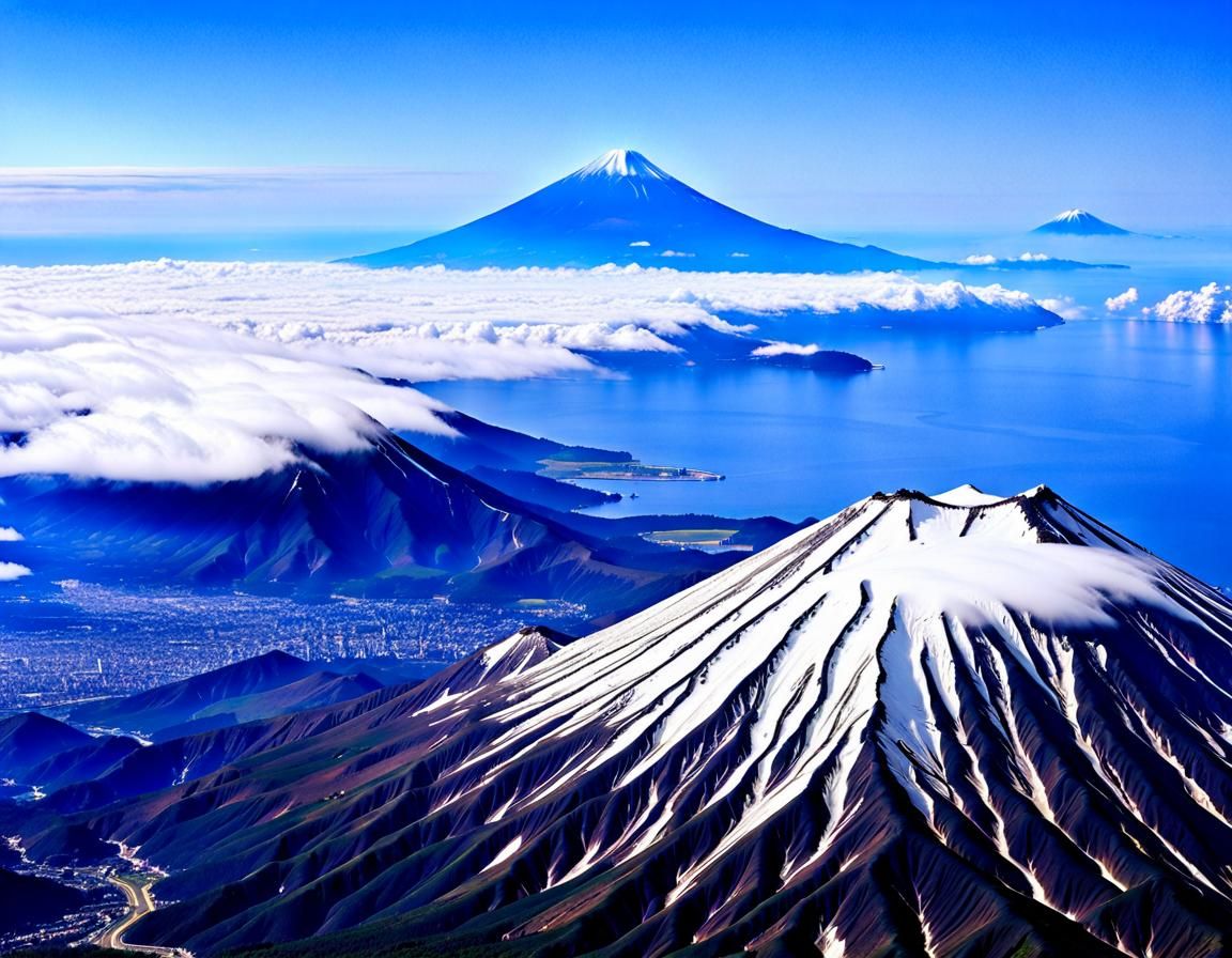 Mount Fuji Rising Above Clouds with Visible Crater