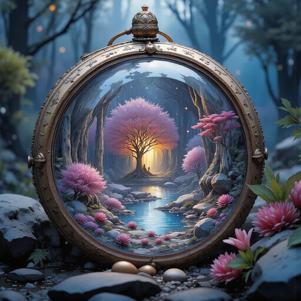 <lora:Nivis:1.0> fantasy scene :: magical locket with a mini...
