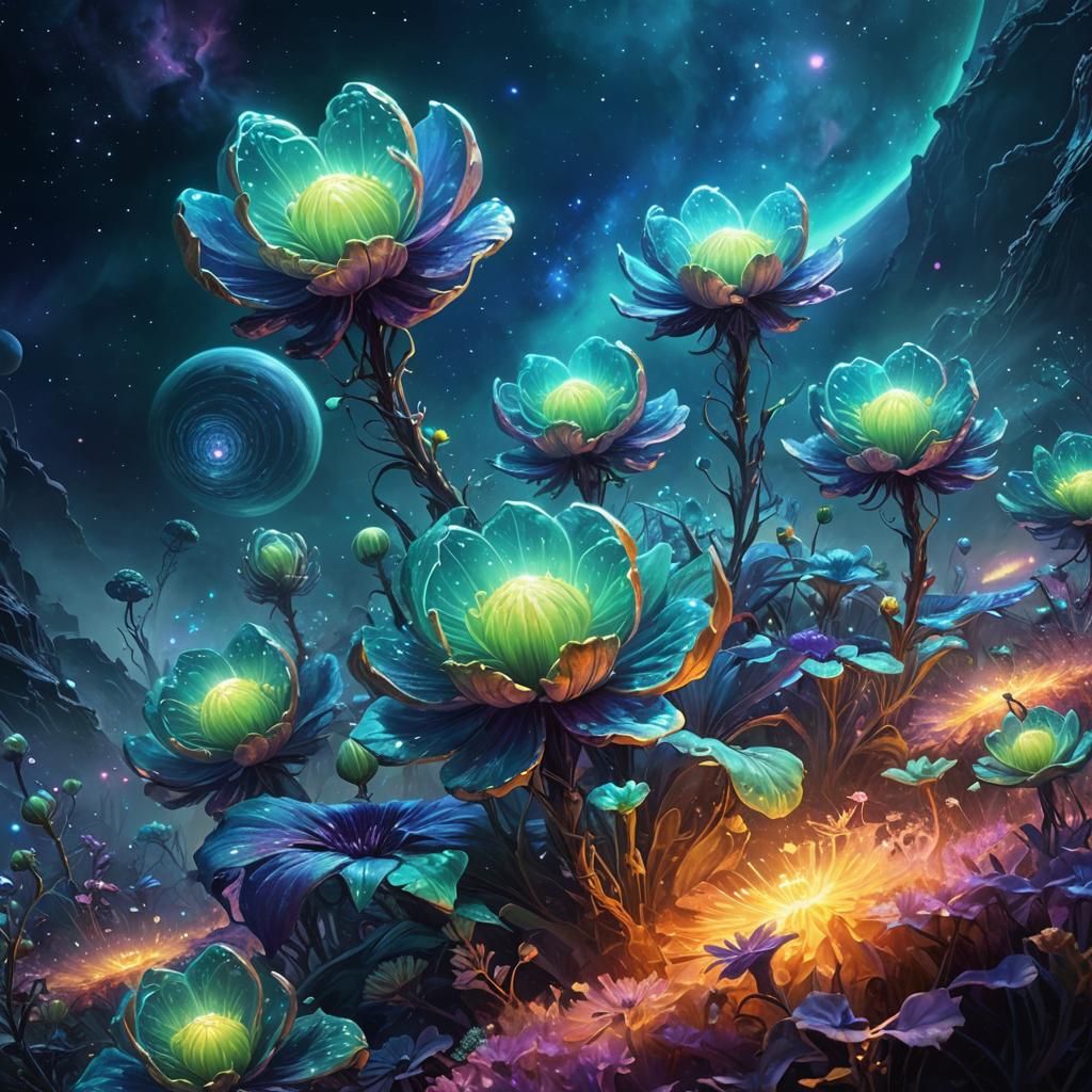 Bioluminescent Alien Flowers on Distant Planet as Digital Ar...