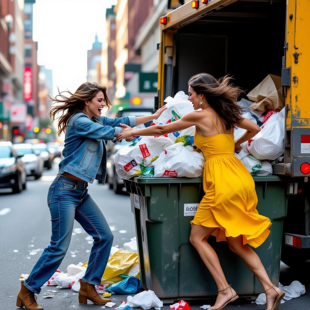 Woman Throws Woman in Dumpster: Urban Photography